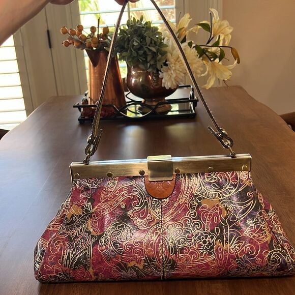 Patricia Nash Ferrara Leather Frame Satchel Retro Floral Embossed Hobo Bag - Picture 2 of 12